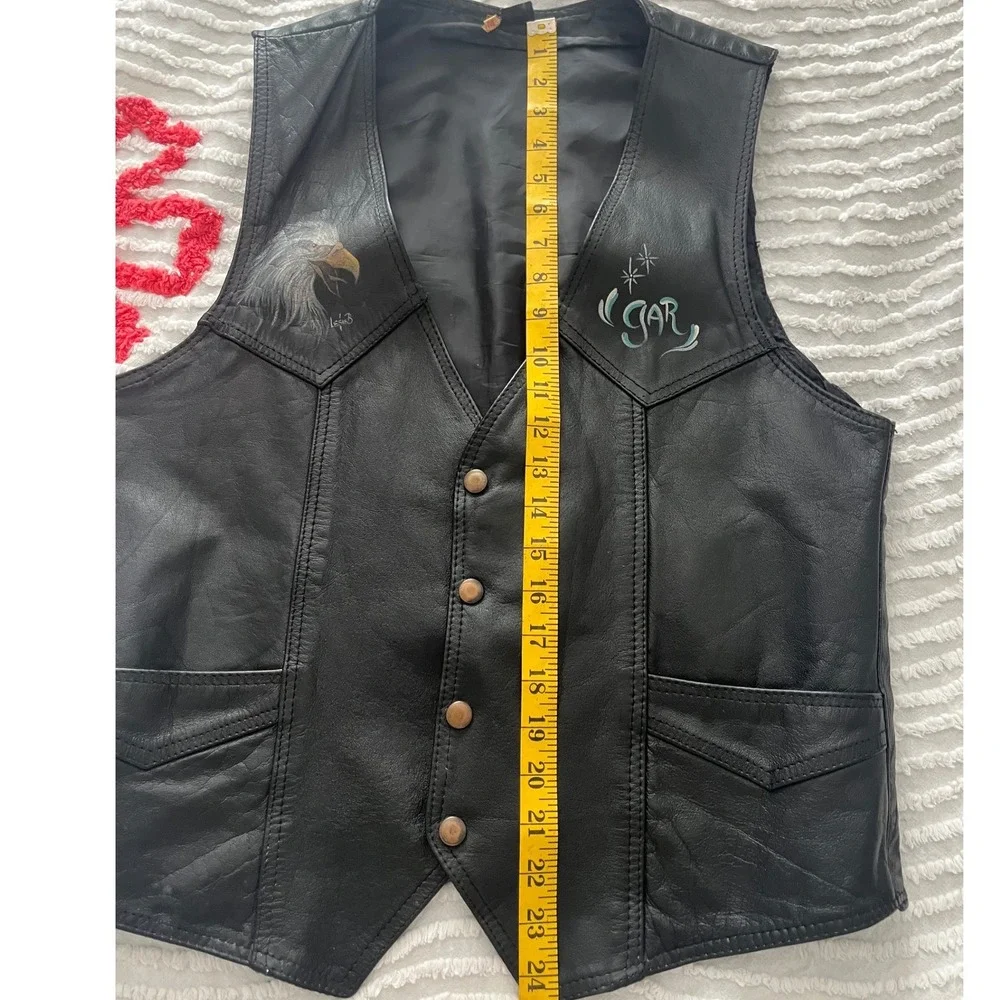 Vtg Leather Biker Vest Airbrushed Eagles in Flight Mountain Sz‎ Med name GAR
